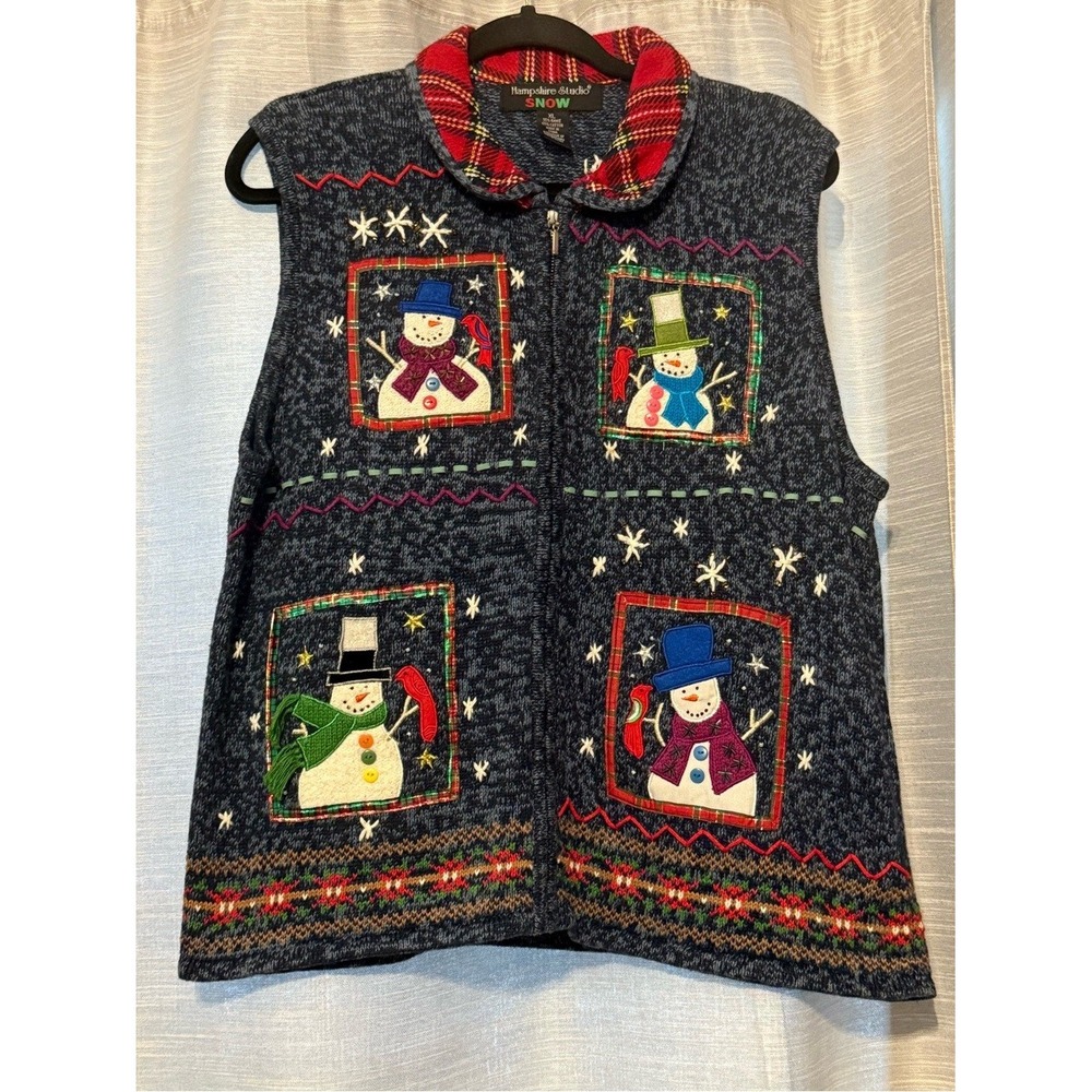 Vintage Embroidered Snowmen Patchwork Christmas Holiday Knit Vest Sz XL EUC